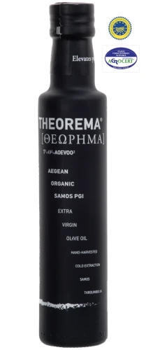 Poznaj Theorema, grecką oliwę extra virgin BIO z wyspy Samos. Butelka 250 ml to idealny sposób na odkrycie smaku oliwek Koroneiki i Throumbolia. Niska kwasowość 0,45%. Kup online na oliwasamos.pl.