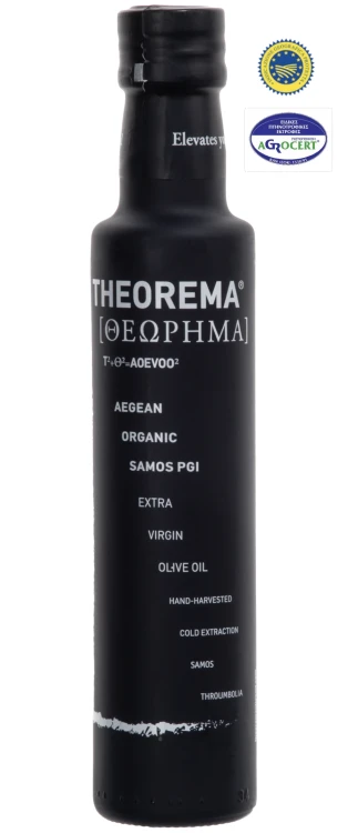 Poznaj Theorema, grecką oliwę extra virgin BIO z wyspy Samos. Butelka 250 ml to idealny sposób na odkrycie smaku oliwek Koroneiki i Throumbolia. Niska kwasowość 0,45%. Kup online na oliwasamos.pl.