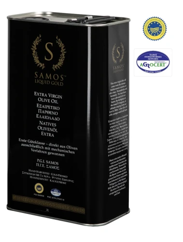 Grecka oliwa z oliwek Samos Liquid Gold Extra Virgin Olive Oil 3l – tłoczona na zimno, z oliwek Koroneiki i Throumbolia. Idealna do sałatek, gotowania i marynat. Wyjątkowy smak prosto z Samos!