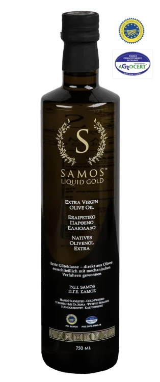 Butelka szklana 750ml:  Samos Liquid Gold Extra Virgin Olive Oil 750ml – oliwa z oliwek z Samos w eleganckiej butelce. Owocowy aromat, lekka pikantność. Doskonała do kuchni śródziemnomorskiej i codziennego użytku.