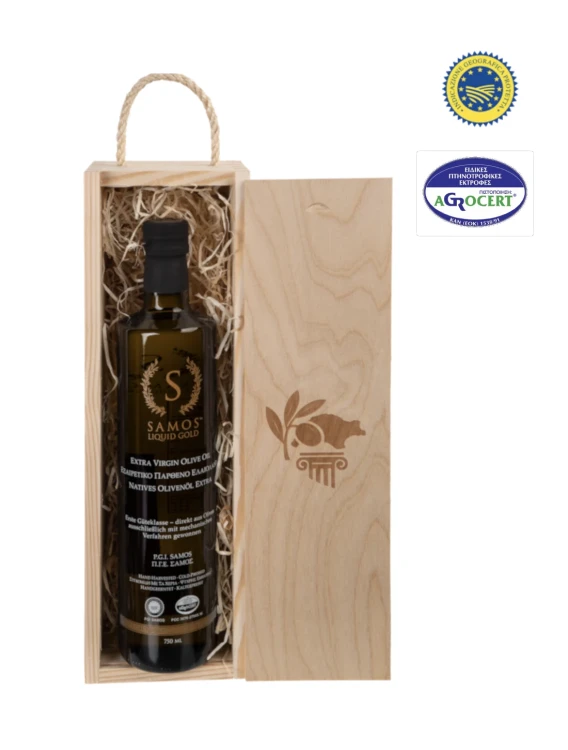 Butelka szklana 750ml:  Samos Liquid Gold Extra Virgin Olive Oil 750ml – oliwa z oliwek z Samos w eleganckiej butelce. Owocowy aromat, lekka pikantność. Doskonała do kuchni śródziemnomorskiej i codziennego użytku.