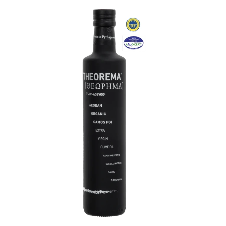 Wybierz oliwę extra virgin Theorema BIO z Samos w butelce 500 ml. Doskonała do codziennego gotowania. Tłoczona na zimno z oliwek Koroneiki i Throubolia, kwasowość 0,28%. Odkryj prawdziwy smak Grecji.