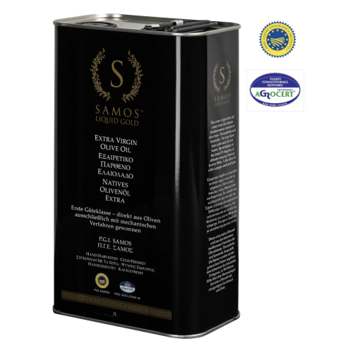 Grecka oliwa z oliwek Samos Liquid Gold Extra Virgin Olive Oil 3l – tłoczona na zimno, z oliwek Koroneiki i Throumbolia. Idealna do sałatek, gotowania i marynat. Wyjątkowy smak prosto z Samos!