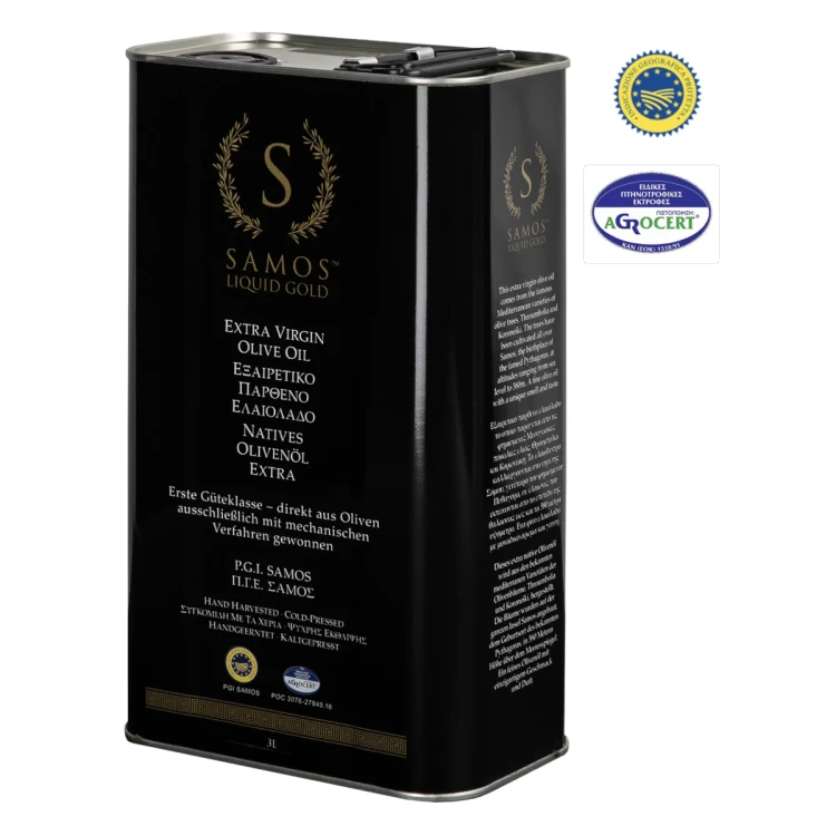 Grecka oliwa z oliwek Samos Liquid Gold Extra Virgin Olive Oil 3l – tłoczona na zimno, z oliwek Koroneiki i Throumbolia. Idealna do sałatek, gotowania i marynat. Wyjątkowy smak prosto z Samos!